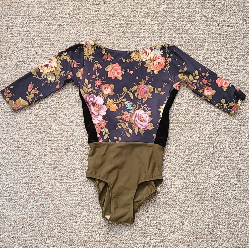 Elevé Boatneck Elbow Sleeve Leotard XS | Floral/Black Velvet/Olive | USA Made
